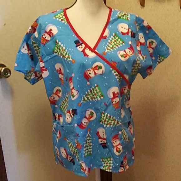 Cassandra O Tops - Snowman Scrubs Top Blue Cassandra O XL
